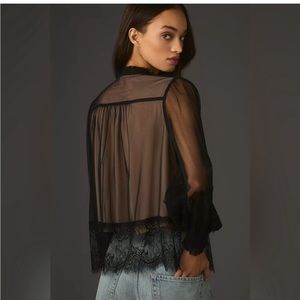 Anthropologie Layered Tulle Puff-Sleeve Lace Blouse Large